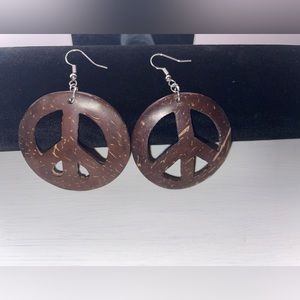 Coconut Shell Bohemian Peace Sign Earrings